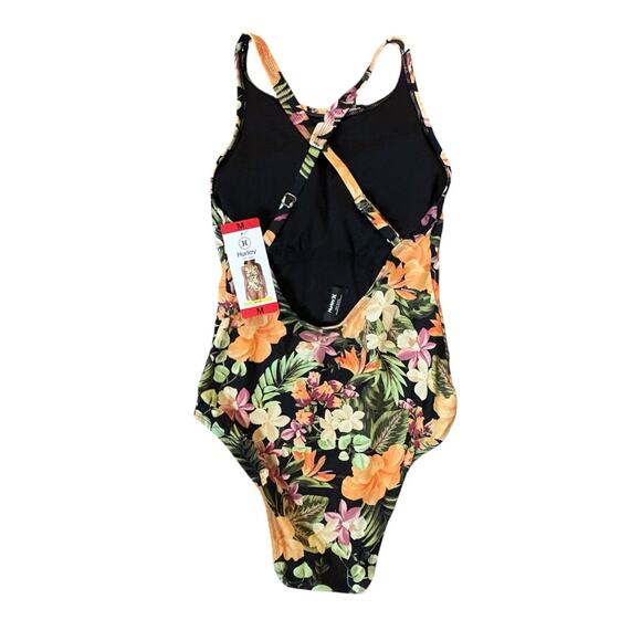 New Hurley Black Orange Tropical One Piece Swimsuit Medium - Picture 2 of 5